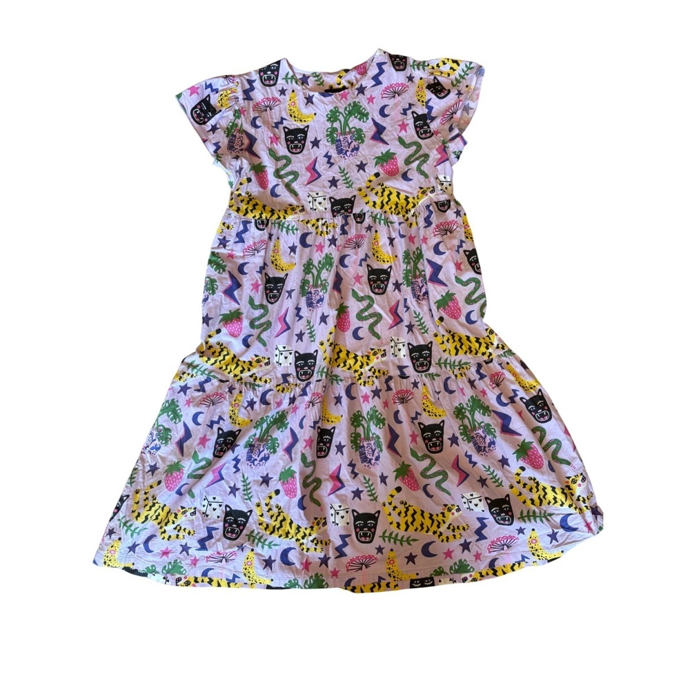 Nooworks Greta Graphic Cat Tiger Banana Tiered Midi Dress Size Large